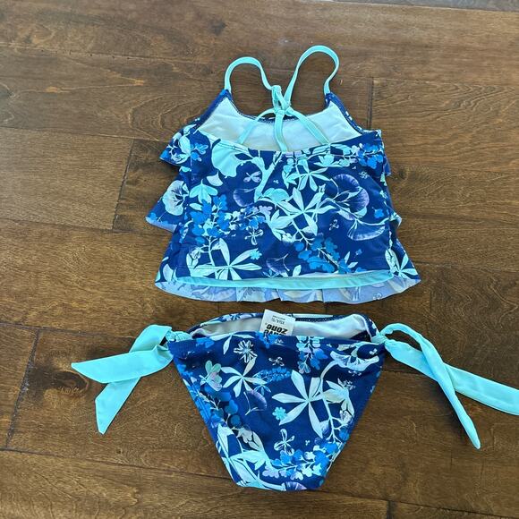 Wave Zone Girls Bikini Swimsuit Size XS 4/5 Blue Green Floral Ruffle - Picture 4 of 4